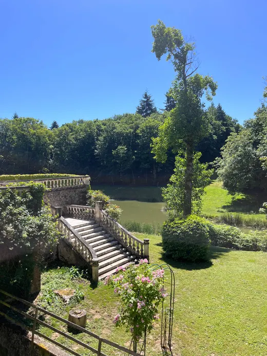 Escalier de pierre et pelouse du parc, grands arbres en arrière-plan